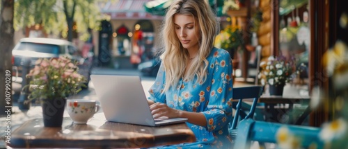 A beautiful woman using a laptop computer on the terrace of a cozy cafe on a summer day. A blonde woman in a blue flower print dress drinks espresso while working remotely.