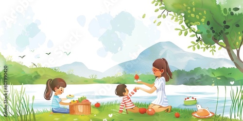 A woman is feeding a child an apple while another child sits nearby. The scene is set in a park with a lake in the background. Scene is peaceful and family-friendly © kiimoshi