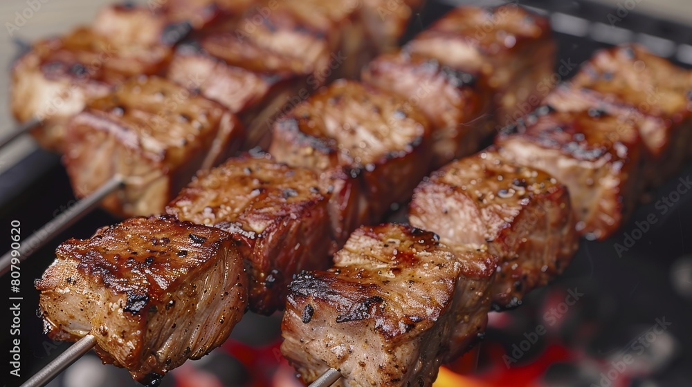 Mouth-watering pork skewers sizzle vividly over a blazing grill, with glowing embers and rising smoke enhancing the dynamic appeal of this culinary scene. The close-up shot captures the charred textur