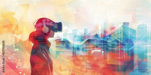 A woman wearing a virtual reality headset is looking out over a city. The city is filled with buildings and has a vibrant  colorful atmosphere. Concept of excitement and adventure