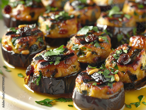 A close-up food photo of delicious Involtini bursting with flavor. Eggplant reveals a vibrant filling, a feast for the eyes and the palate. This Italian dish is a burst of flavor with every bite. photo