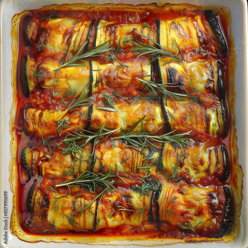 A close-up food photo of delicious Involtini bursting with flavor. Eggplant reveals a vibrant filling, a feast for the eyes and the palate. This Italian dish is a burst of flavor with every bite. photo