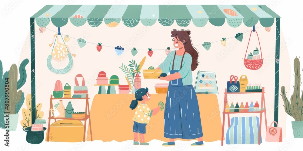 A woman is selling items at a market with a child. The child is holding a bag and the woman is holding a basket A woman is selling items at a market with a child. The child is holding a bag and the woman is holding a basket