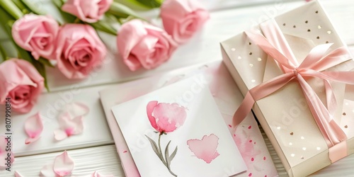 A box of flowers and a card with a heart on it