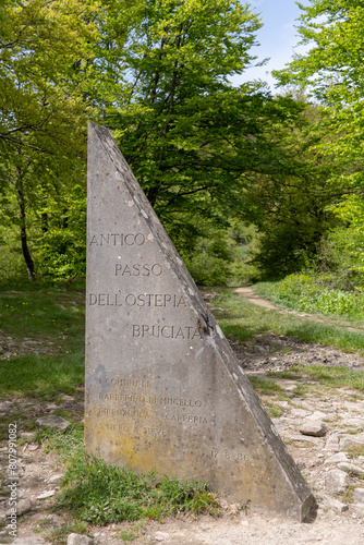 Italy Passo della Futa and the Giogo trekking in nature, paths and panoramic views commemorative stele