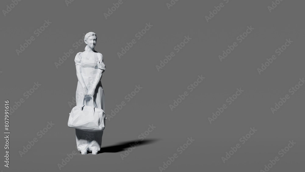 Female figure stands with a subtle smile, clutching a purse, set against a white background. 3d render