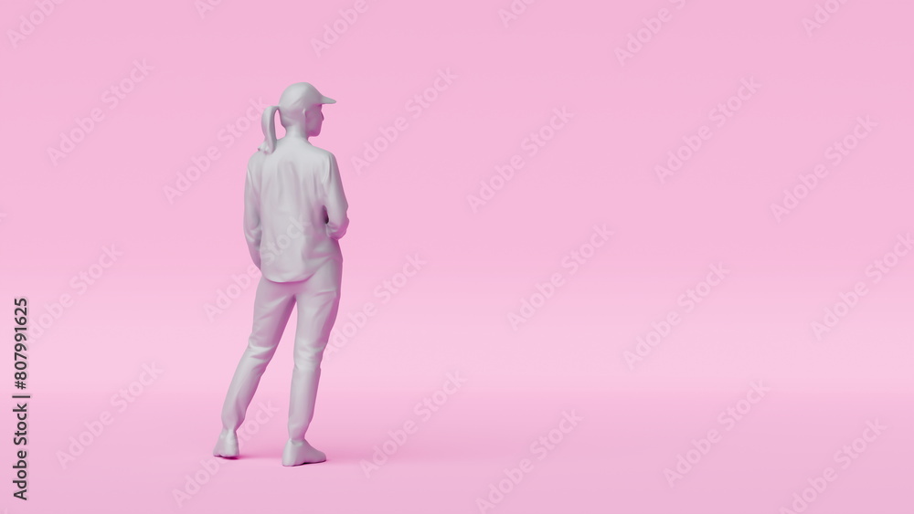 Solitary figure of a woman standing in profile on a pink backdrop. 3d render Solitary figure of a woman standing in profile on a pink backdrop. 3d render
