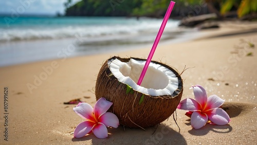 oconut on the beach with frangipani flowers. photo