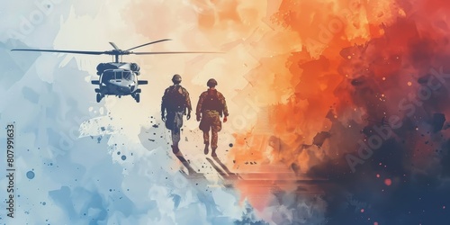 A helicopter is flying over a battlefield with two soldiers walking on the ground. The scene is intense and chaotic, with the soldiers and helicopter being the only things visible photo