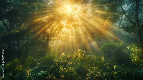 A forest with trees and sunlight shining through the leaves