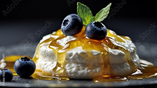 Creamy cottage cheese cake with fresh blueberries, closeup