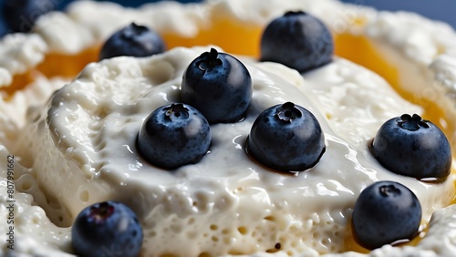 Creamy cottage cheese cake with fresh blueberries, closeup