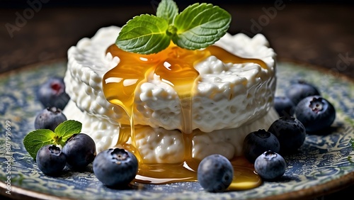 Creamy cottage cheese cake with fresh blueberries, closeup