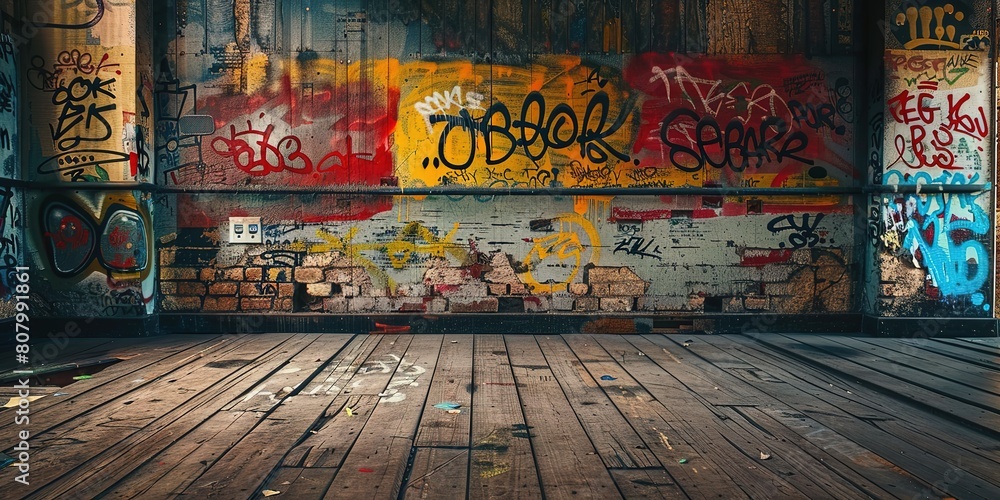 Obraz premium graffiti wall at street side, foot path with grungy rebel artwork, Generative Ai