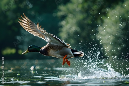 A duck takes flight with a powerful burst of wings leaving a trail of water droplets in its wake as it soars above a picturesque lake