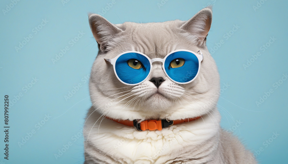 Adorable white kitten posing in blue tinted round sunglasses, isolated on a transparent background with generative AI technology 