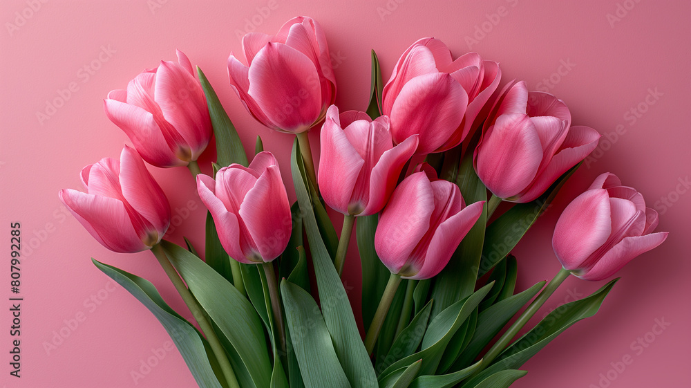 A bouquet of pink tulips is arranged in a vase A bouquet of pink tulips is arranged in a vase