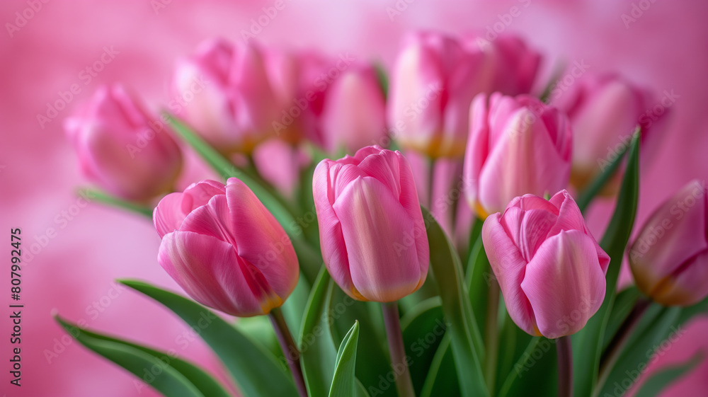 A bouquet of pink tulips is arranged in a vase A bouquet of pink tulips is arranged in a vase