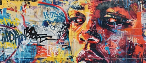 man face with messy spray painting, aerosol art , abstract street art wall graffiti style background, Generative Ai