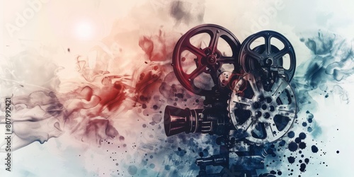 A movie reel is shown with a red and blue background. The movie reel is surrounded by a lot of splatter and paint, giving it a chaotic and abstract feel
