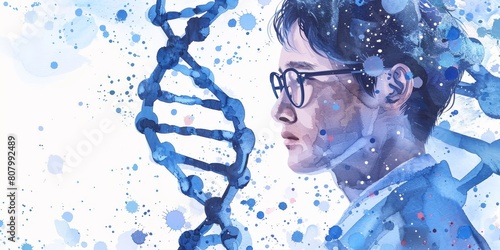 A man with glasses is looking at a DNA strand. The image is a watercolor painting with splatters of blue paint. Scene is calm and contemplative