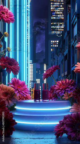 A neon azure podium at the entrance of a modern city library, featuring an elegant nail polish collection, with rich burgundy gerbera daisies adding depth and sophistication, 