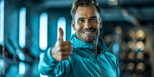 Fitness trainer in blue tracksuit in home gym giving thumbs up. Concept Fitness, Trainer, Blue Tracksuit, Home Gym, Thumbs Up