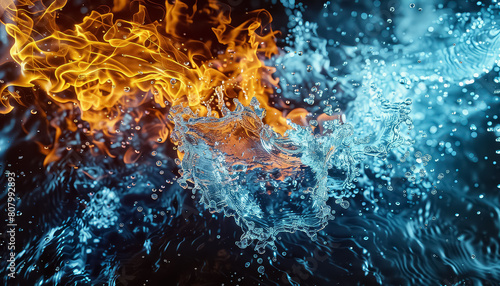 A fire and water image with a blue background