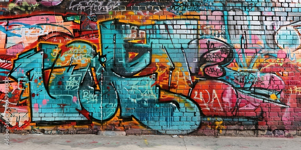 Fototapeta premium graffiti wall at street side, foot path with grungy rebel artwork, Generative Ai