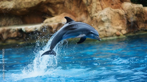A dolphin leaping out of the water with a splash, showcasing agility © Plaifah