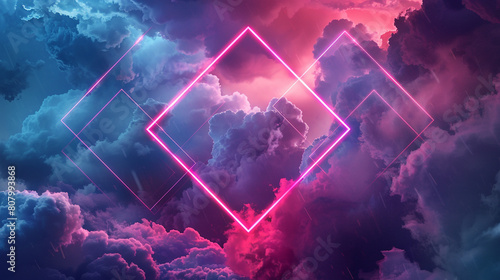 A neon geometric rhombus frame, glowing intensely against a backdrop of cumulonimbus clouds on a tempestuous night, where the interplay of light