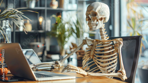 A skeleton is sitting at a desk with a laptop. The skeleton appears to be working on the laptop, possibly typing or browsing the internet. The scene has a spooky and eerie mood