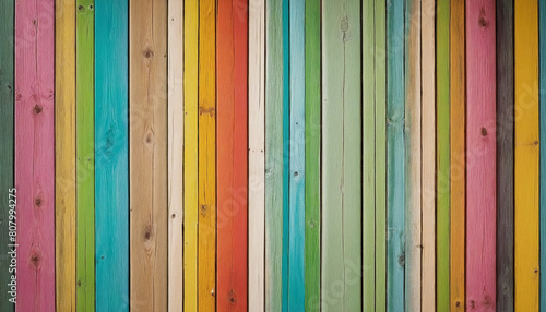 Rainbow-hued wooden planks create a colorful and vibrant summer backdrop, blending pastel shades and nature-inspired textures for a unique and artistic design 