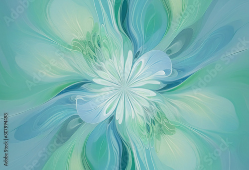 A watercolor painting with a generative AI design, featuring a negative layout with copy space, in shades of blue and mint green, on a white background with abstract floral elements 