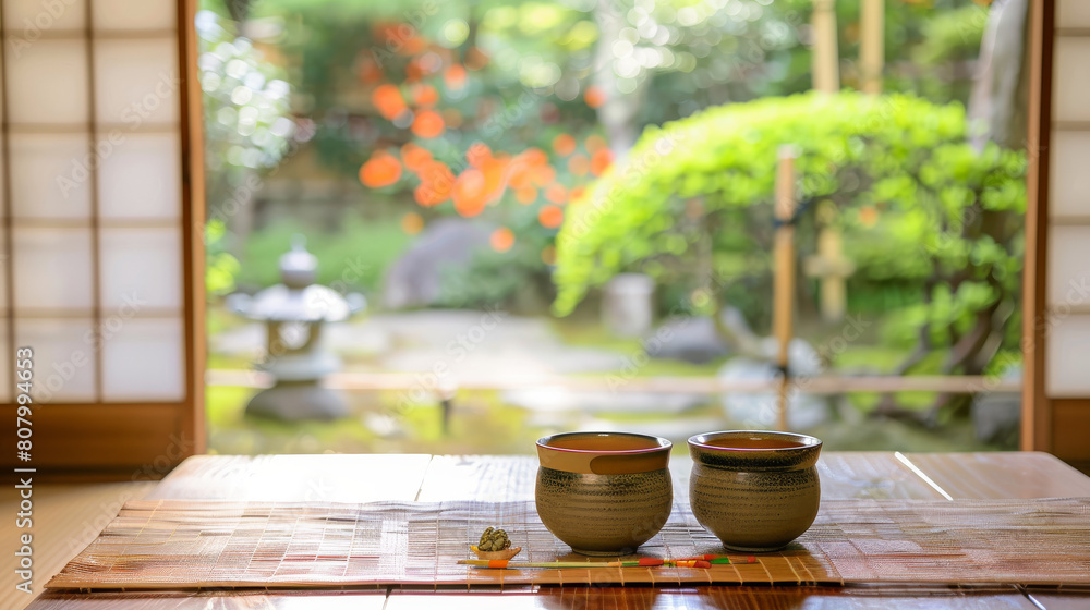 Tea for two in a tranquil Japanese garden Tea for two in a tranquil Japanese garden