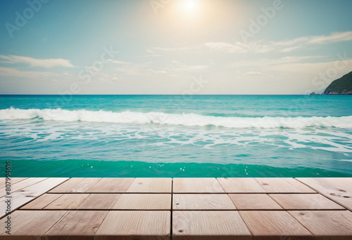  Wooden countertop with a serene ocean backdrop perfect for showcasing products and advertising in a natural and eco-friendly presentation 