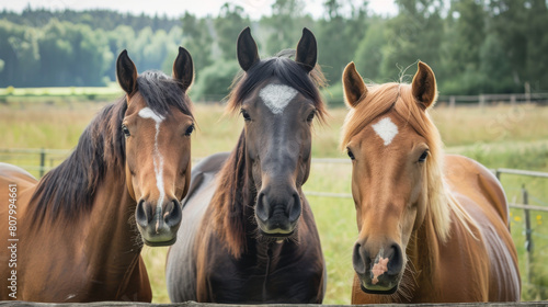 Three curious horses posing for a photo
