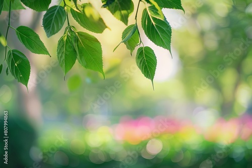 Gentle green leaves hanging delicately with a softly blurred garden in the background, providing serene copy space © Jammy