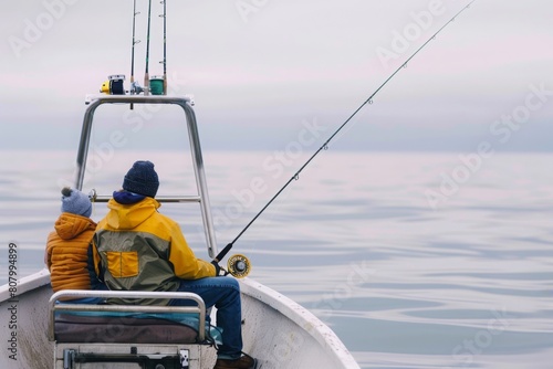 dad and his kid fishing together on fishing boat.