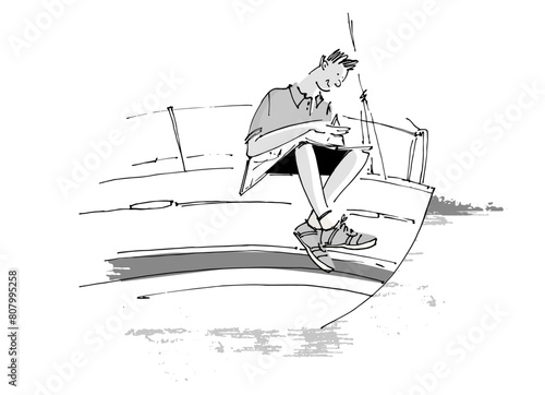 Poster or Background with hand drawn sailing boats and A guy sits on board a yacht and looks at a map for surface design and other design projects. Sailing and fishing concept
