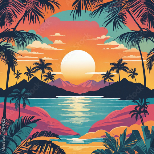 Graphic Palm Sunset T-shirt Design Inspired by Vintage 80s California Beach Vibes