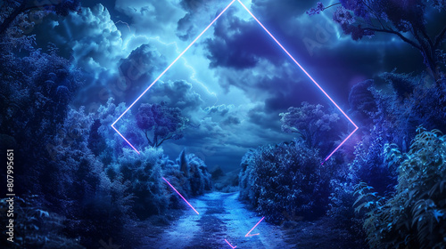 A neon indigo rhombus frame casting a mystical glow on an ancient forest path, with storm clouds above adding a sense of impending change, 