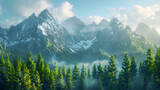Untouched Wilderness: Photo Realistic Forest Icon Nestled Among Majestic Mountain Peaks Emphasizing the Crucial Connection Between Forestry and Water Management for a Healthier Ecosystem - Stock Photo