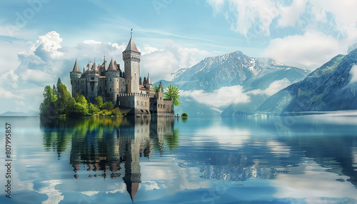 A castle is reflected in the water of a lake