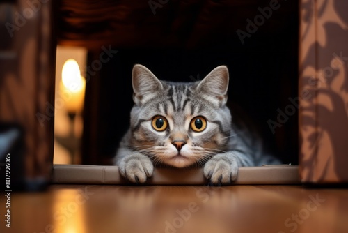 Conceptual portrait photography of a curious american shorthair cat box sitting over cozy living room background © Markus Schröder