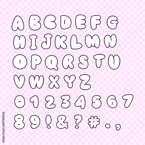 Cute groovy alphabet in y2k retro cartoon style. Pink bubble typeface font with dark contour. Vector outline illustration