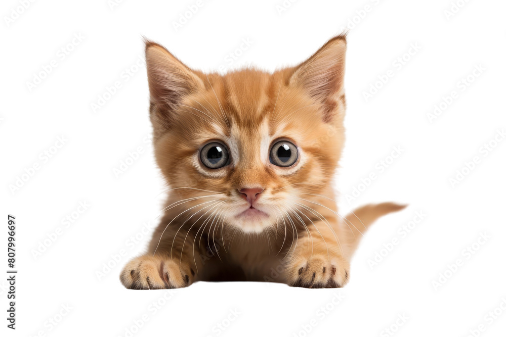 A cute orange kitten is sitting on a white background. The kitten is looking at the camera with its big, round eyes. Its fur is short and fluffy.