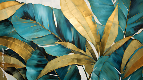 Wallpaper Mural Digital framed painting of tropical leaves with gold foil flower abstract graphic poster background Torontodigital.ca