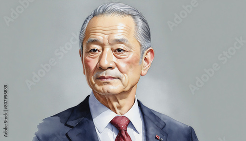 Watercolor portrayal of a mature Japanese businessman in a stylish suit, exuding confidence and leadership on a white background 