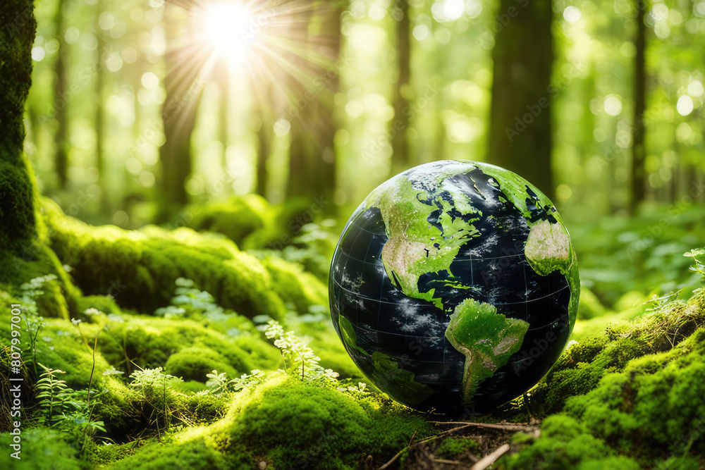 Earth Day Environment Green Globe In Forest With Moss And Defocused Abstract Sunlight Earth Day Environment Green Globe In Forest With Moss And Defocused Abstract Sunlight